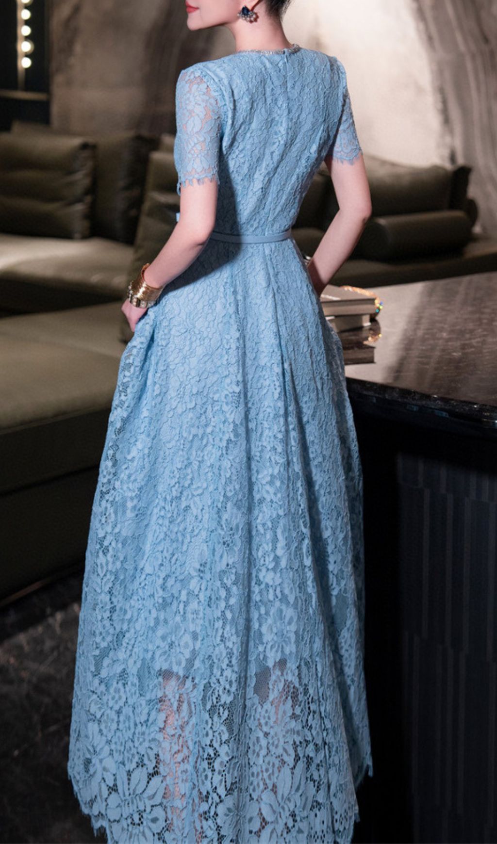 Fashionslee Women Hilary Blue Lace Midi Dress