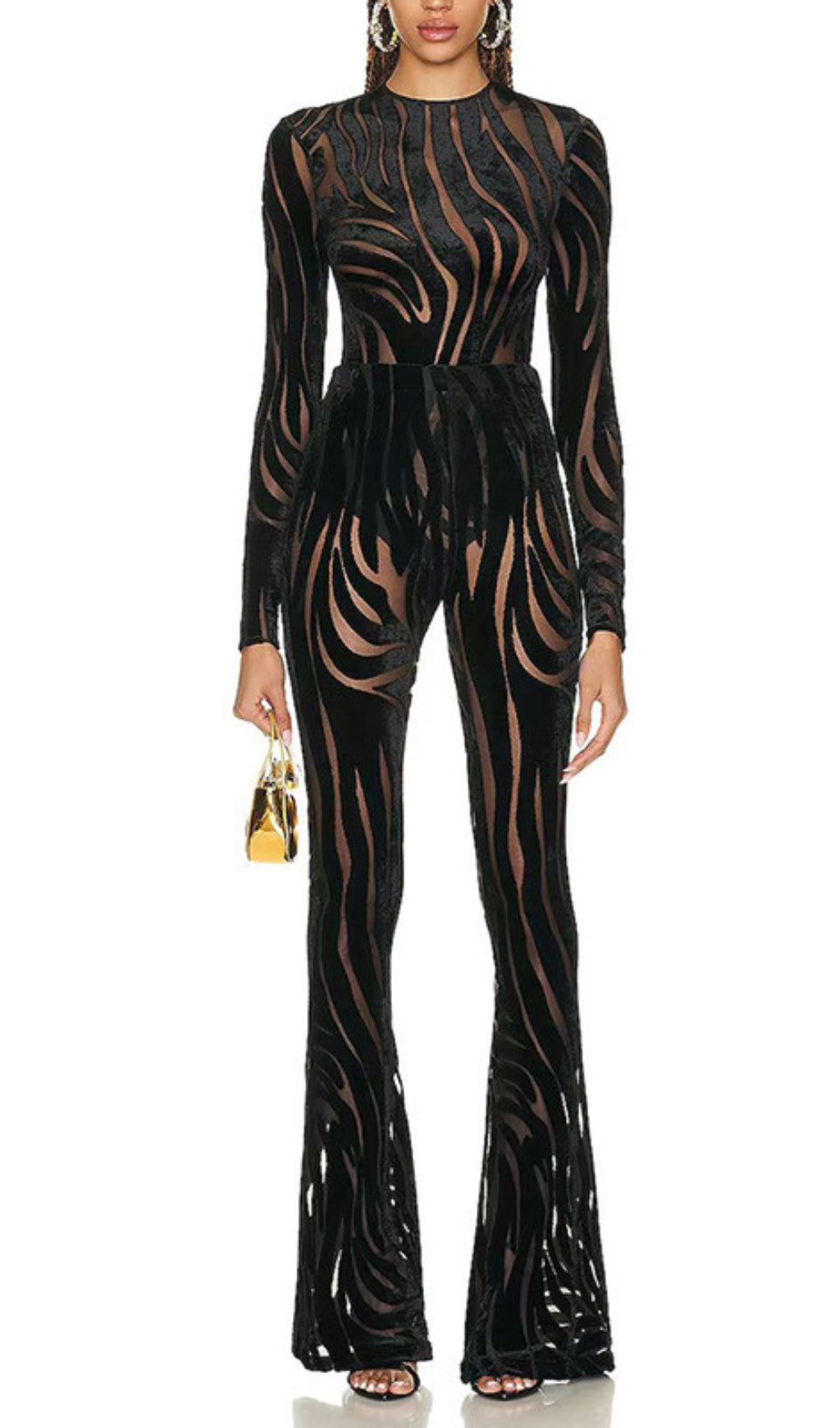 Fashionslee Women Zebra Print Sheer Carved Velvet Jumpsuit Set