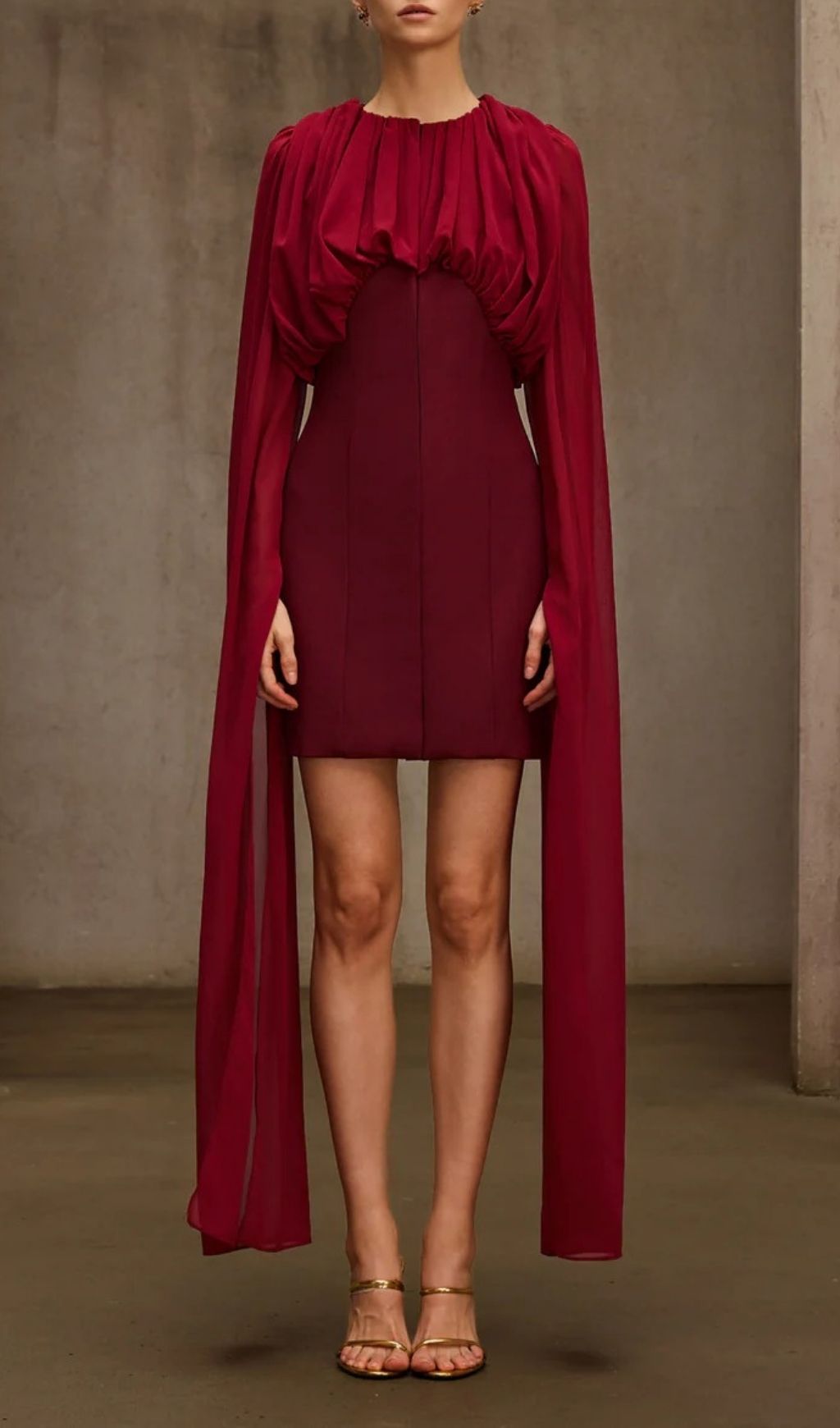 TRENDING CAPE SLEEVE RUCHED MINI DRESS - OWNCI