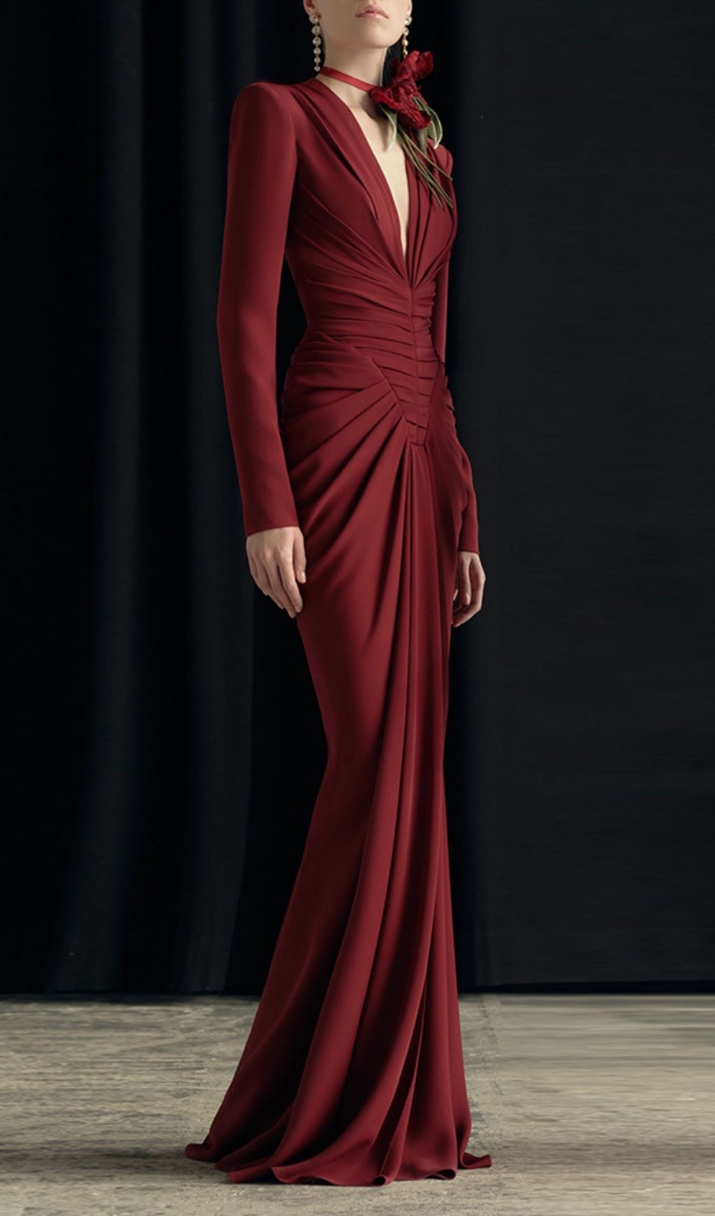 Fashionslee Women Kyli Red Ruched Long Sleeve Maxi Dress