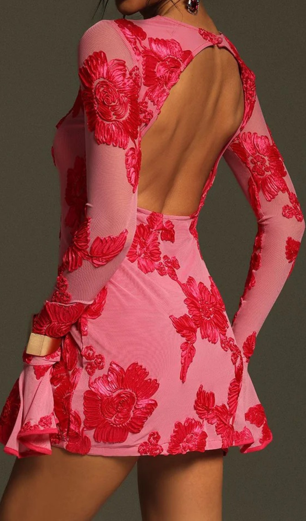 Fashionslee Women Carita Rose Red Flower Long Sleeve Mini Dress