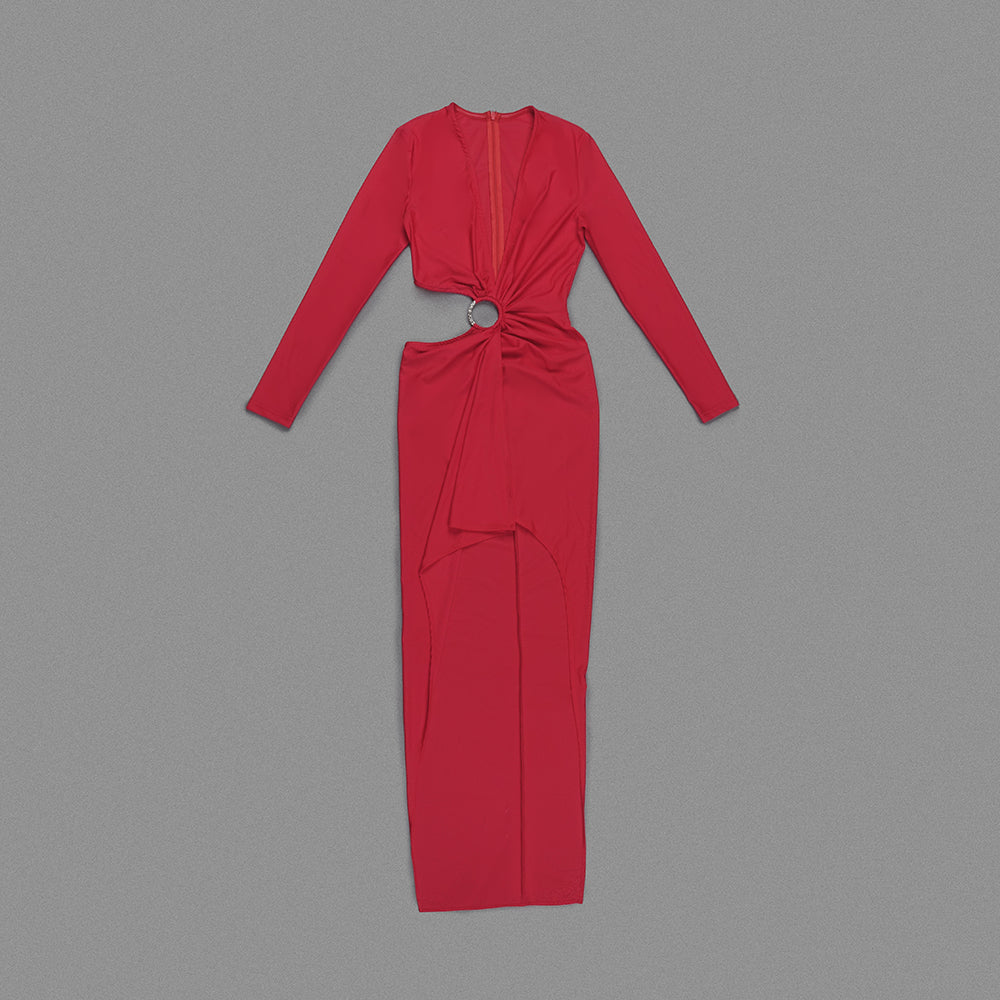 bb59ba1ed53d0b5d36e722e25dd3fb6a.jpeg Fashionslee Women Red V-Neck Long-Sleeve Split Dress