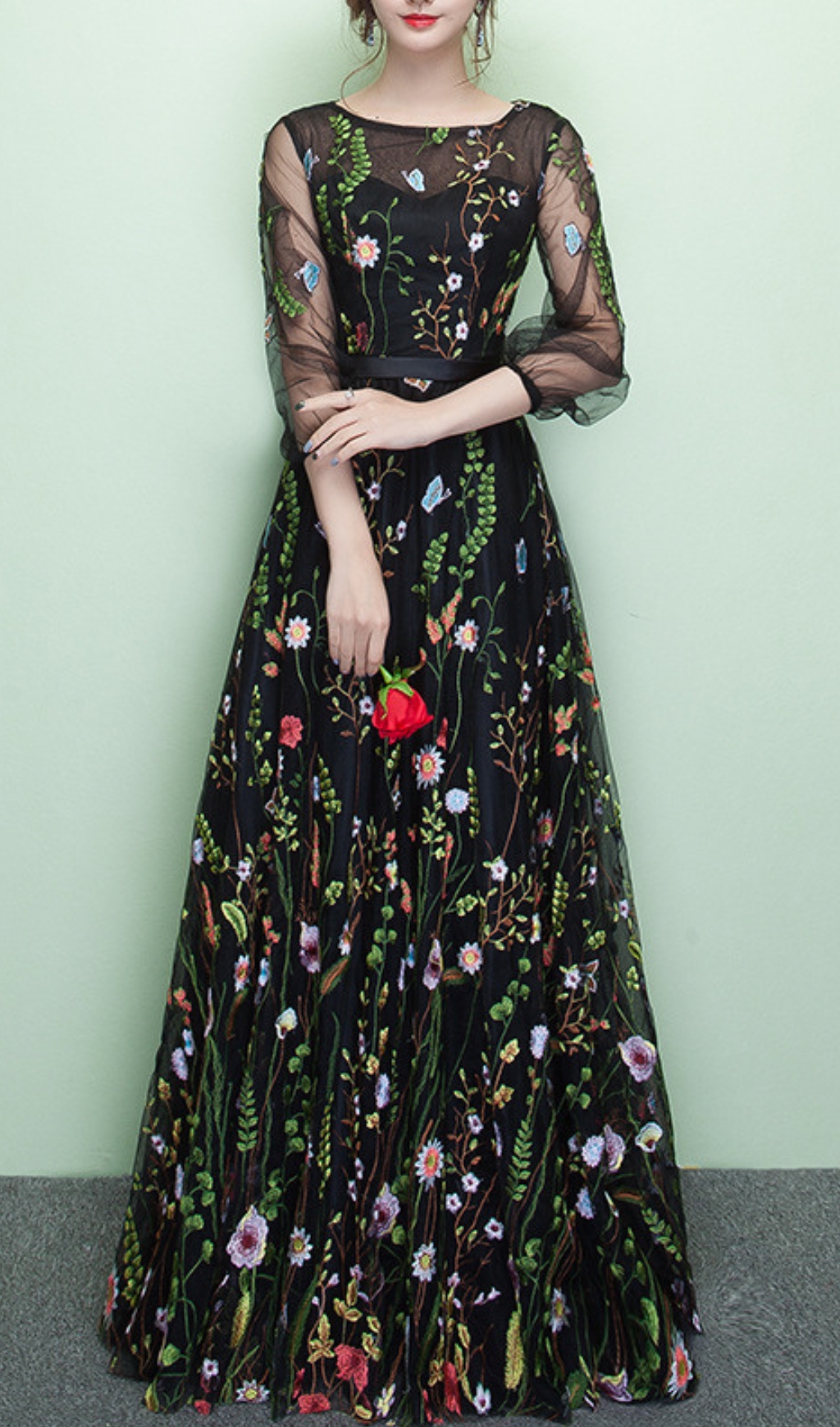 Fashionslee Women Dannell Black Flower Mesh Sleeve Maxi Dress
