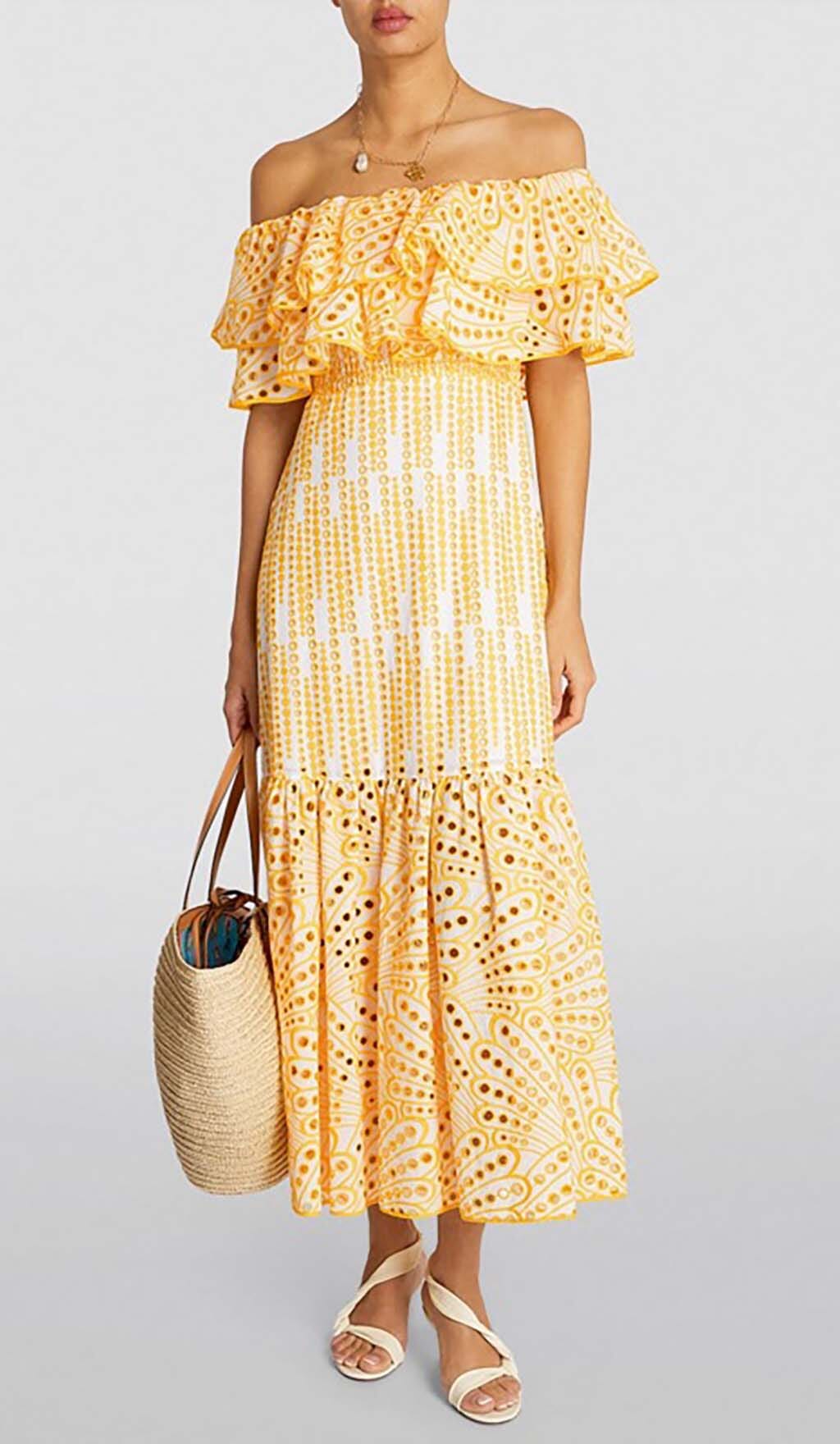 Fashionslee Women Ruffle Cold Shoulder Midi Dress In Yellow