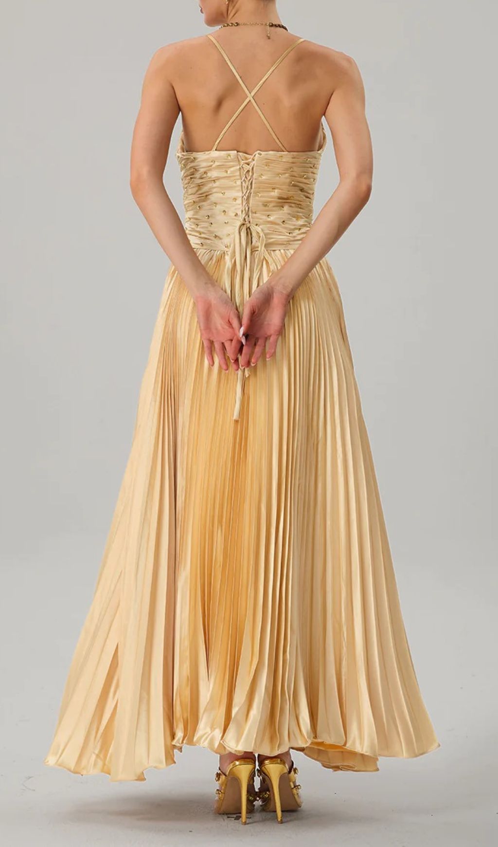 Fashionslee Women Jagtopo Spaghetti Twisted Pleated Maxi Dress