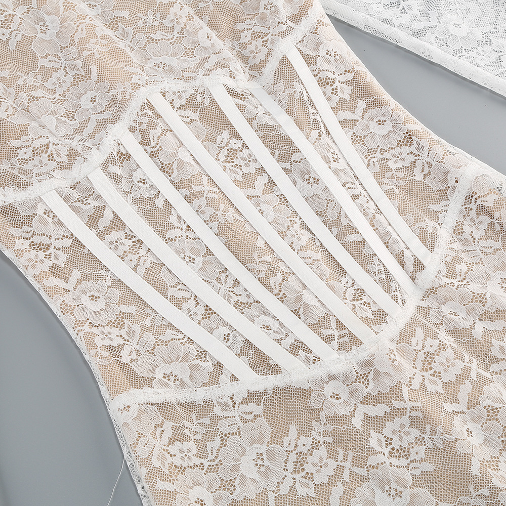Fashionslee Women Dorisa White Lace Corset Long Sleeve Mini Dress