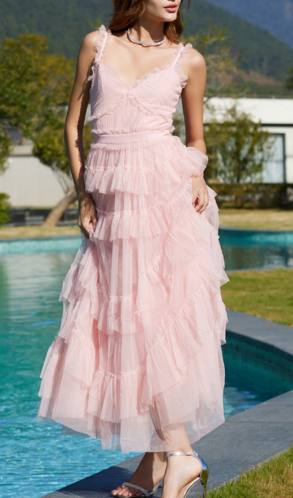 Fashionslee Women Pink Ruffle V Neck Sleeveless Tiered Tulle Maxi Dress