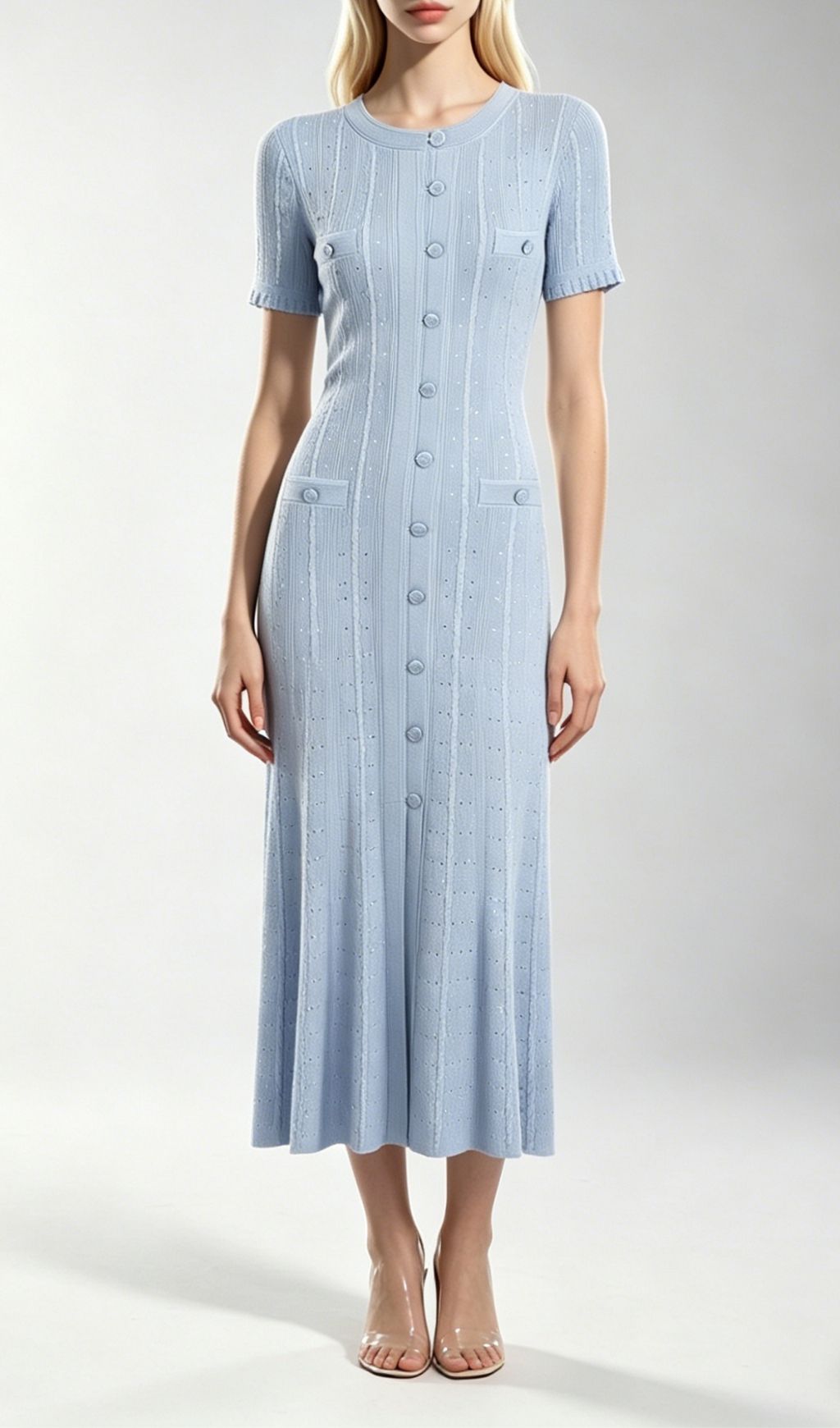 Fashionslee Women Kilenya Blue Knit Short Sleeve Midi Dress