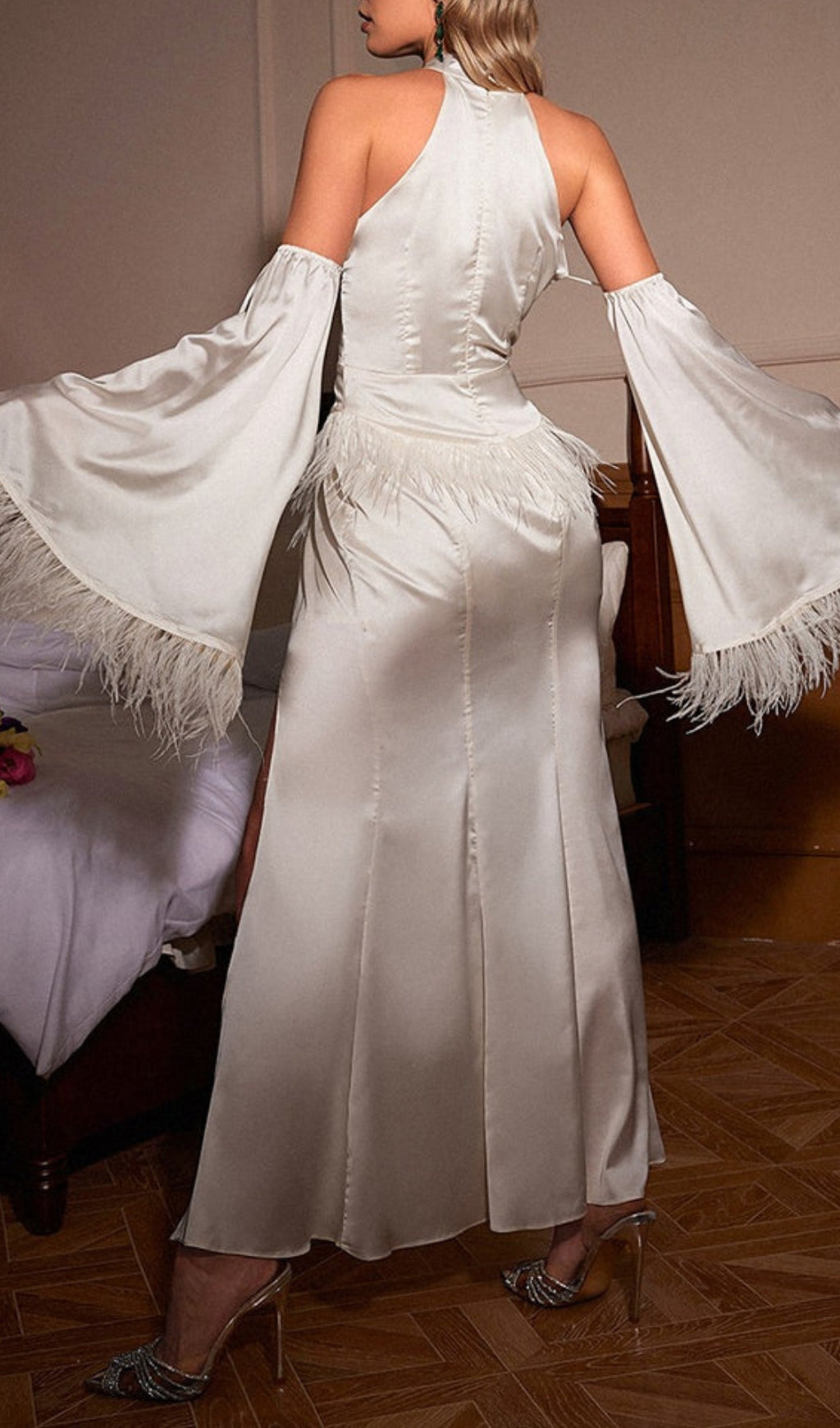 Fashionslee Women Astra Halterneck Feather Satin Dress