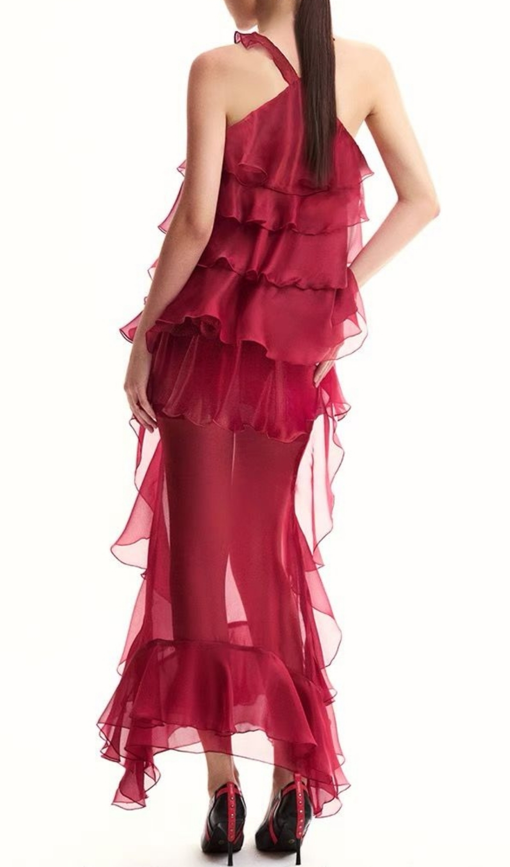 Fashionslee Women Eleri Red Flower Ruffle Maxi Dress