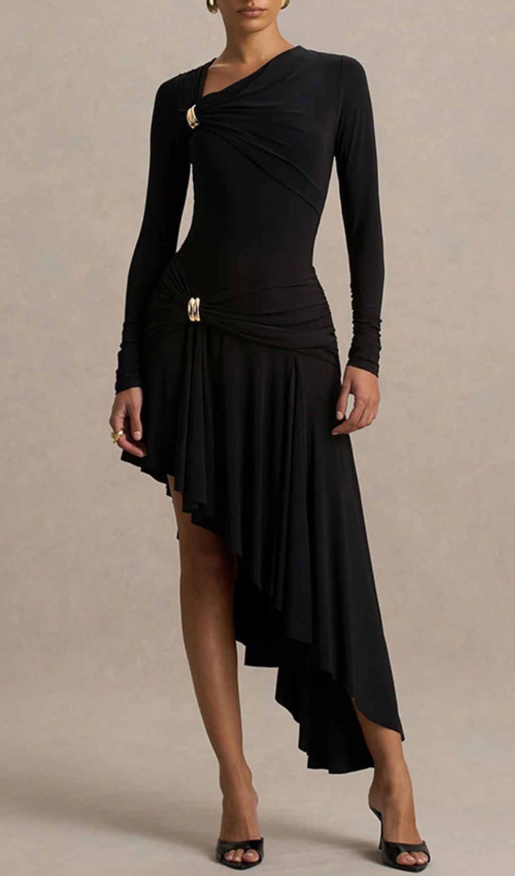 Fashionslee Women Nedelya Black Long Sleeve Draped Midi Dress