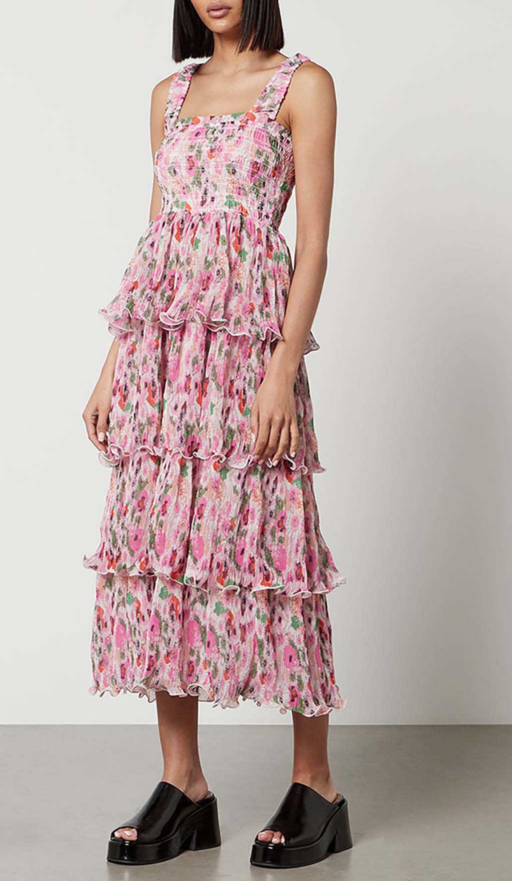 Fashionslee Women Floral-Appliqué Tiered Midi Dress In Pink
