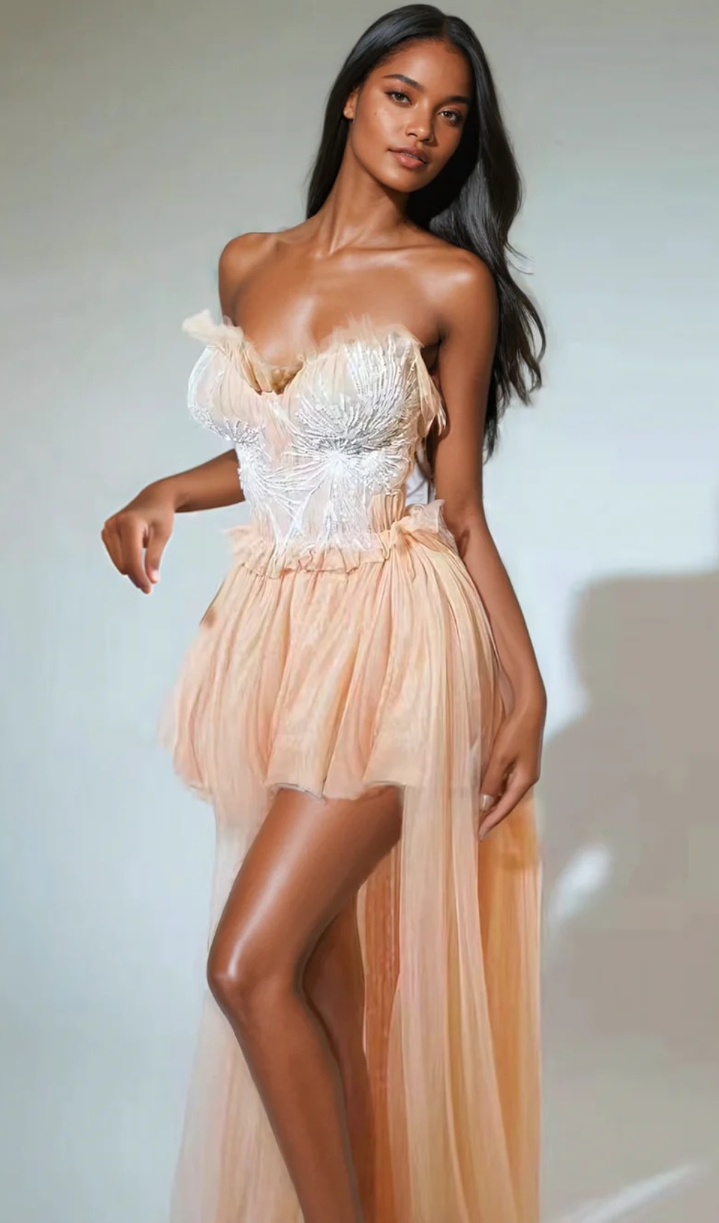 Fashionslee Women Kalene Strapless Ruffle Tulle Dress In Apricot