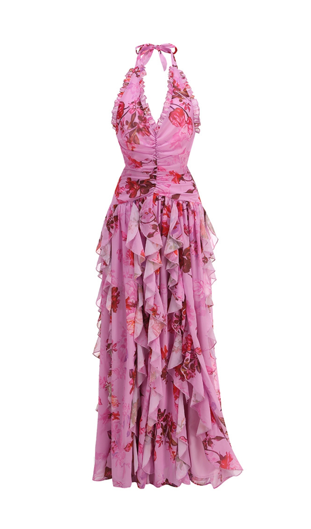 bca8578962405a30b43885107db44516.jpg Fashionslee Women Delicah Pink Halter Floral Ruffle Maxi Dress