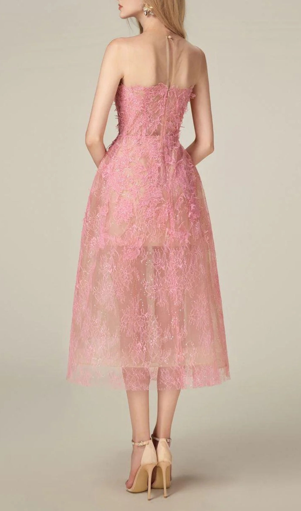 Fashionslee Women Allyson Pink Floral Lace Embroider Midi Dress