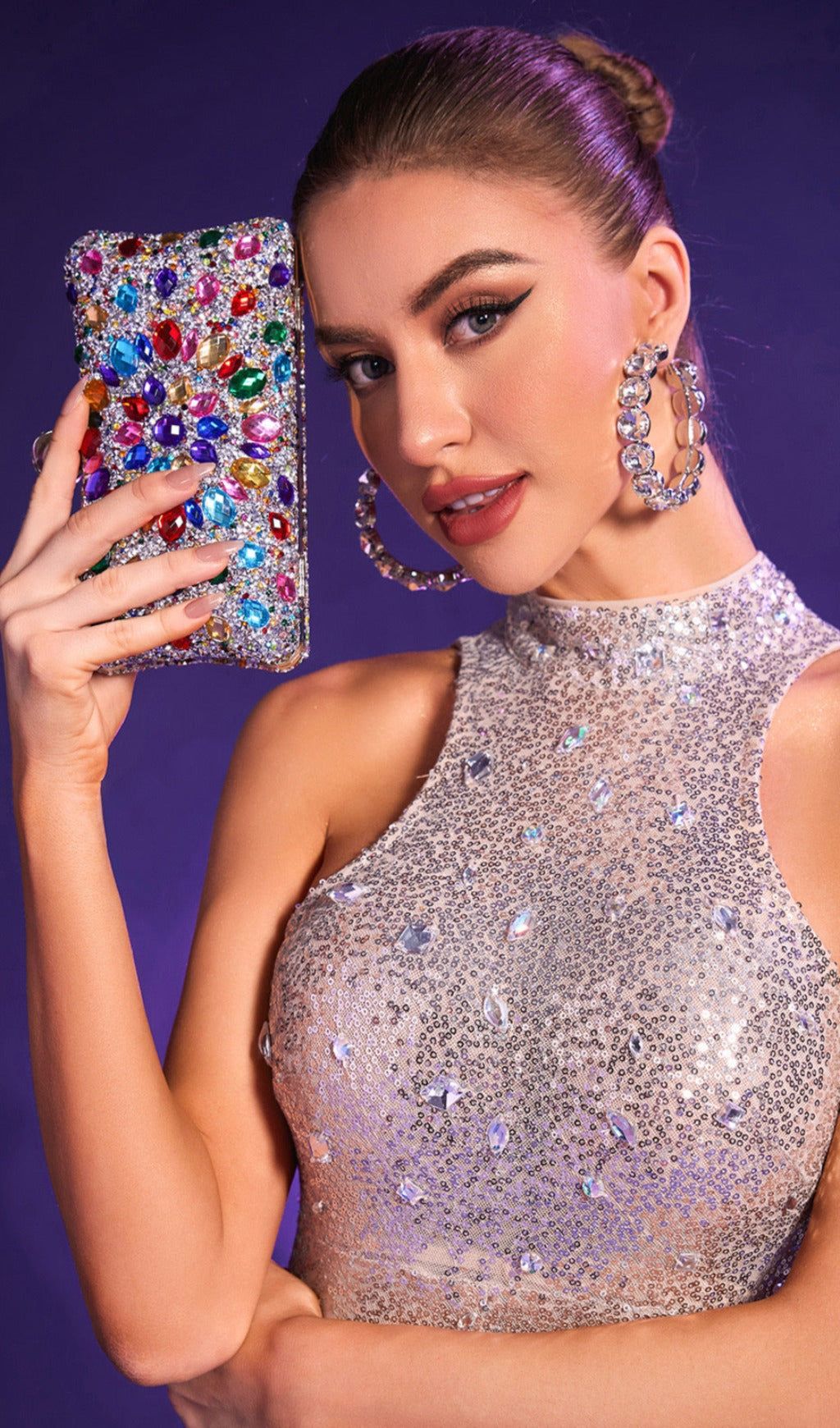 Fashionslee Women Multi Rhinestone Crystal Clutch