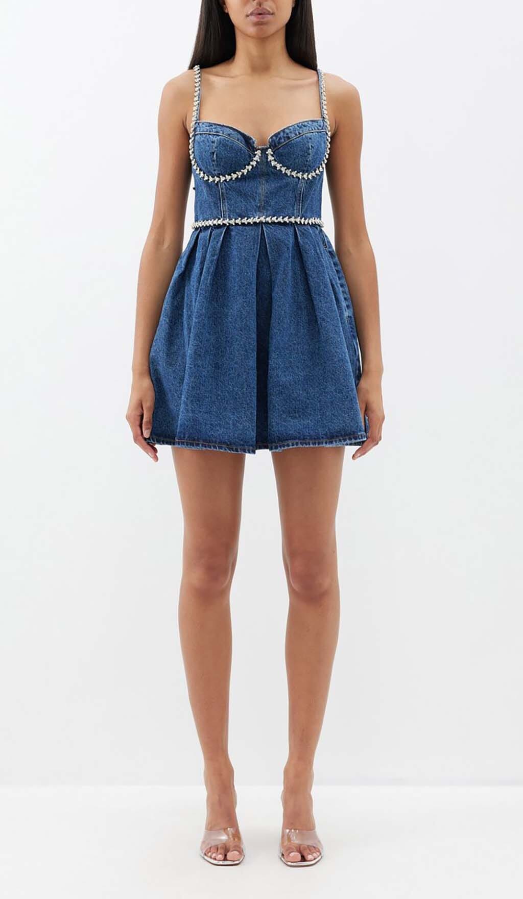 Fashionslee Women Crystal-Embellished Denim Mini Dress In Blue