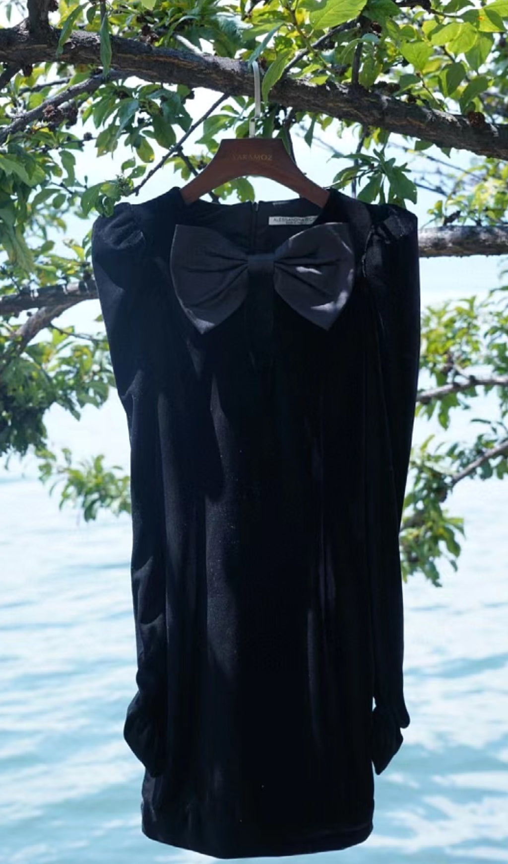 bd5859355a4a582fd3c65e63c8f20859.jpeg Fashionslee Women Black Velvet Hollow Bow Long-Sleeve Mini Dress