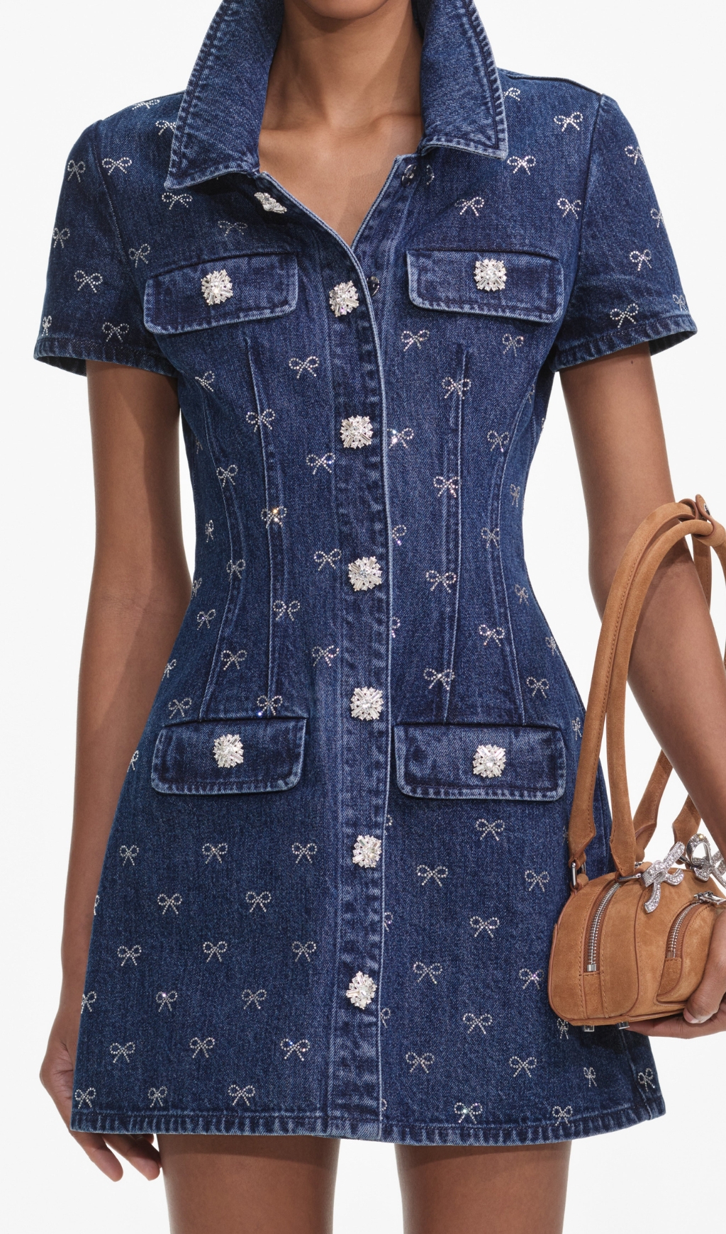 be3fa57eaf31ac47e183e9d552023ddc.jpg Fashionslee Women Denim Diamante Bow Collared Mini Dress