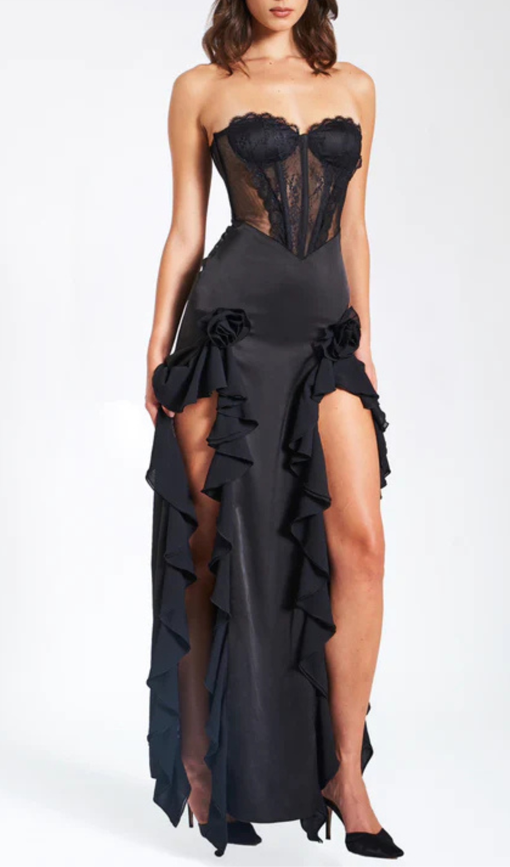 Fashionslee Women Amélie Black Satin Lace Corset Maxi Dress