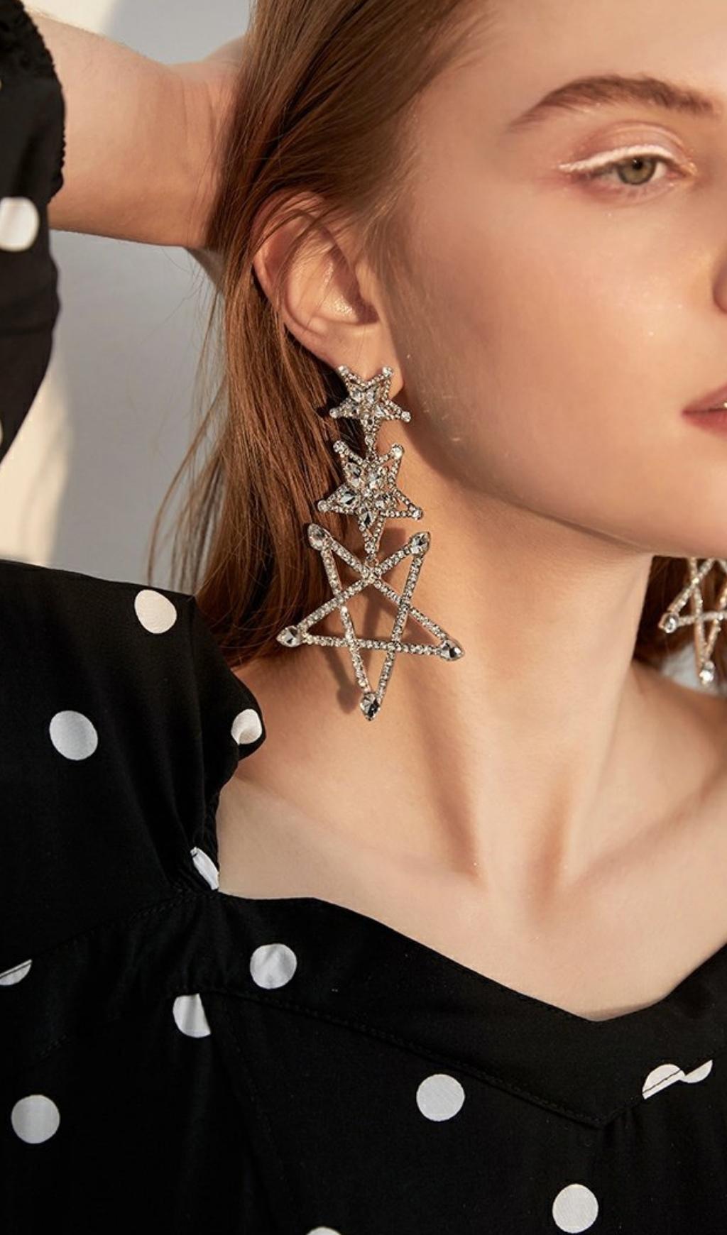 Fashionslee Women Artan Silver Pentagram Rhinestone Earrings