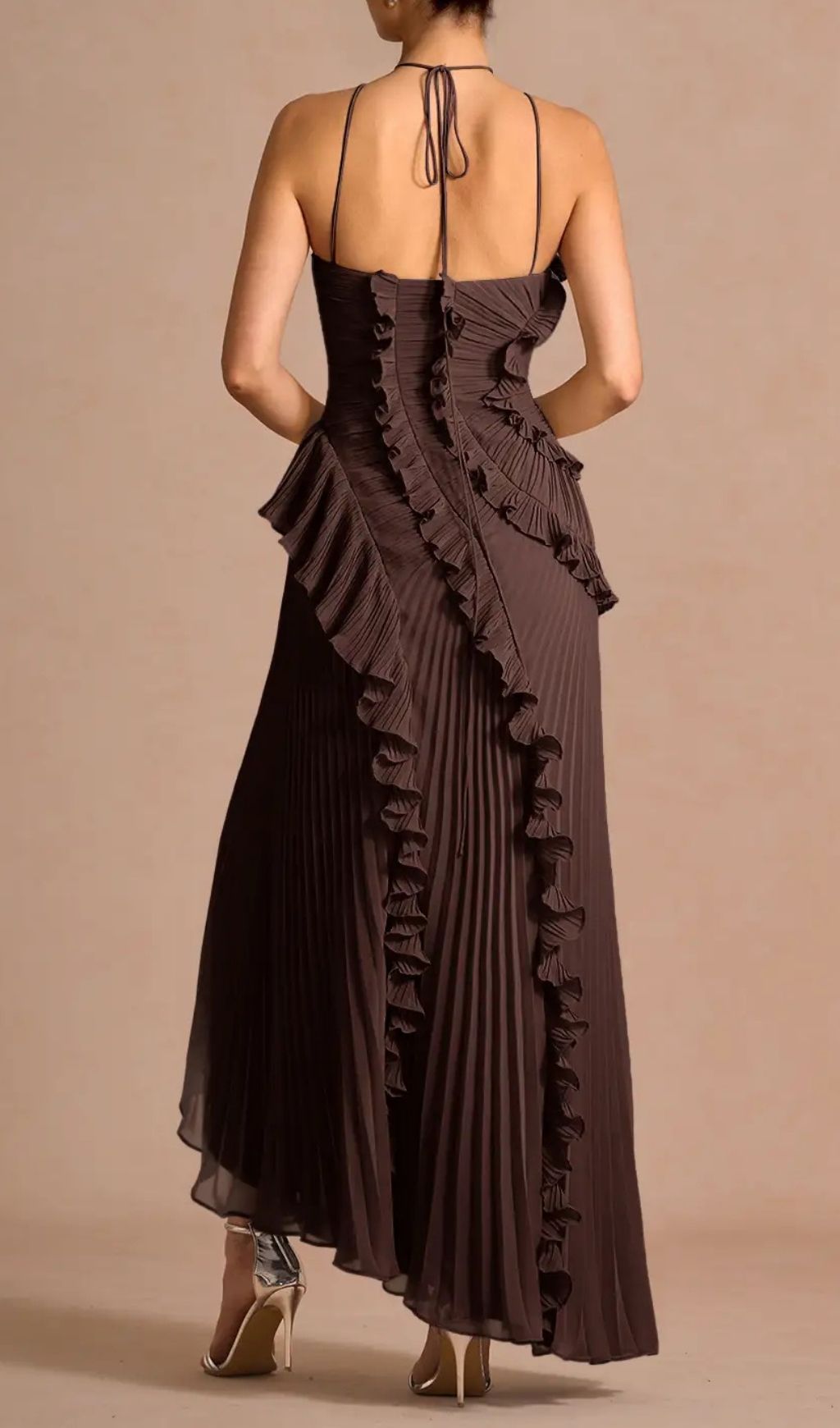 Fashionslee Women Finneas Brown Halter Pleated Maxi Dress