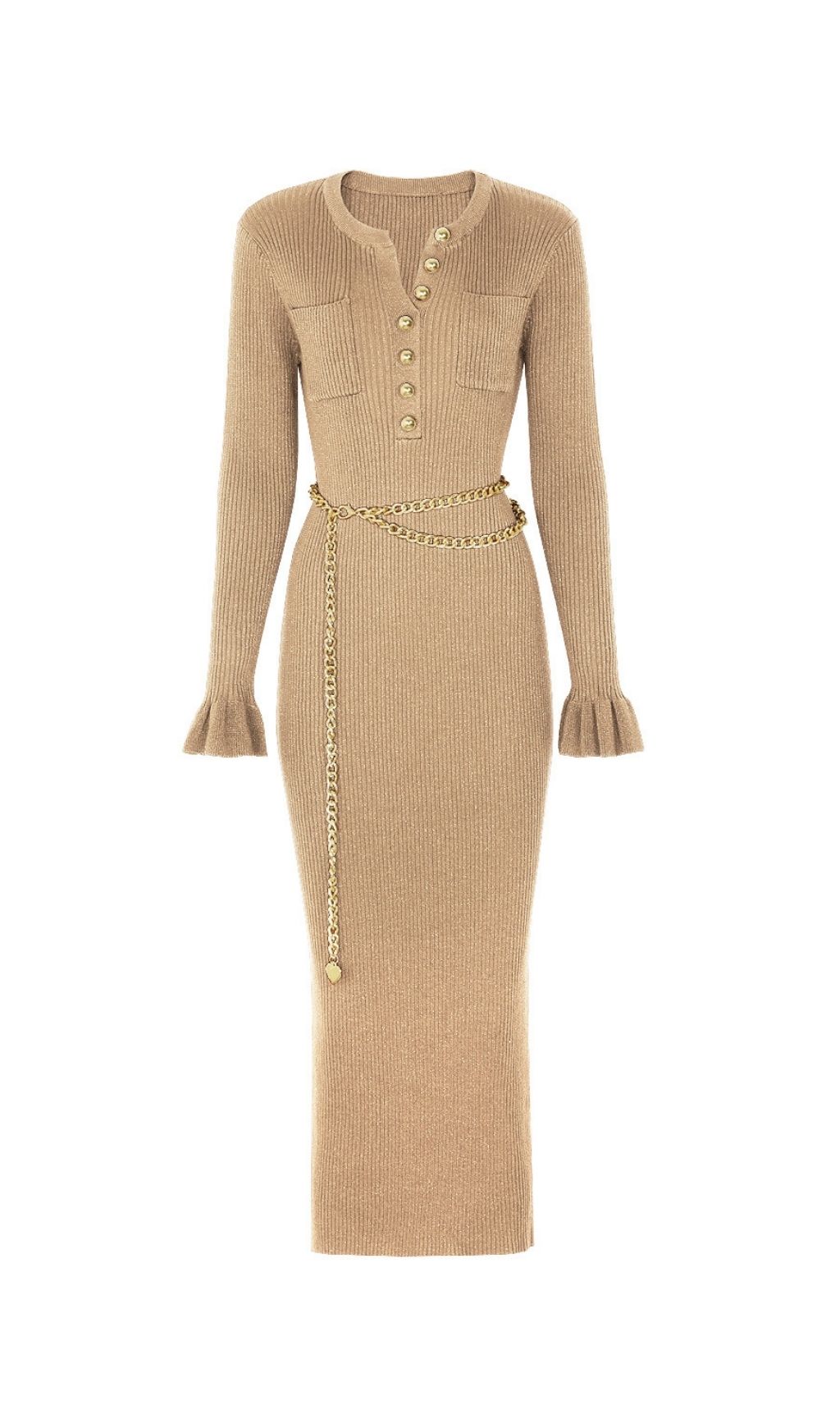 Fashionslee Women Kimani Khaki Knit Long Sleeve Dress With Chain