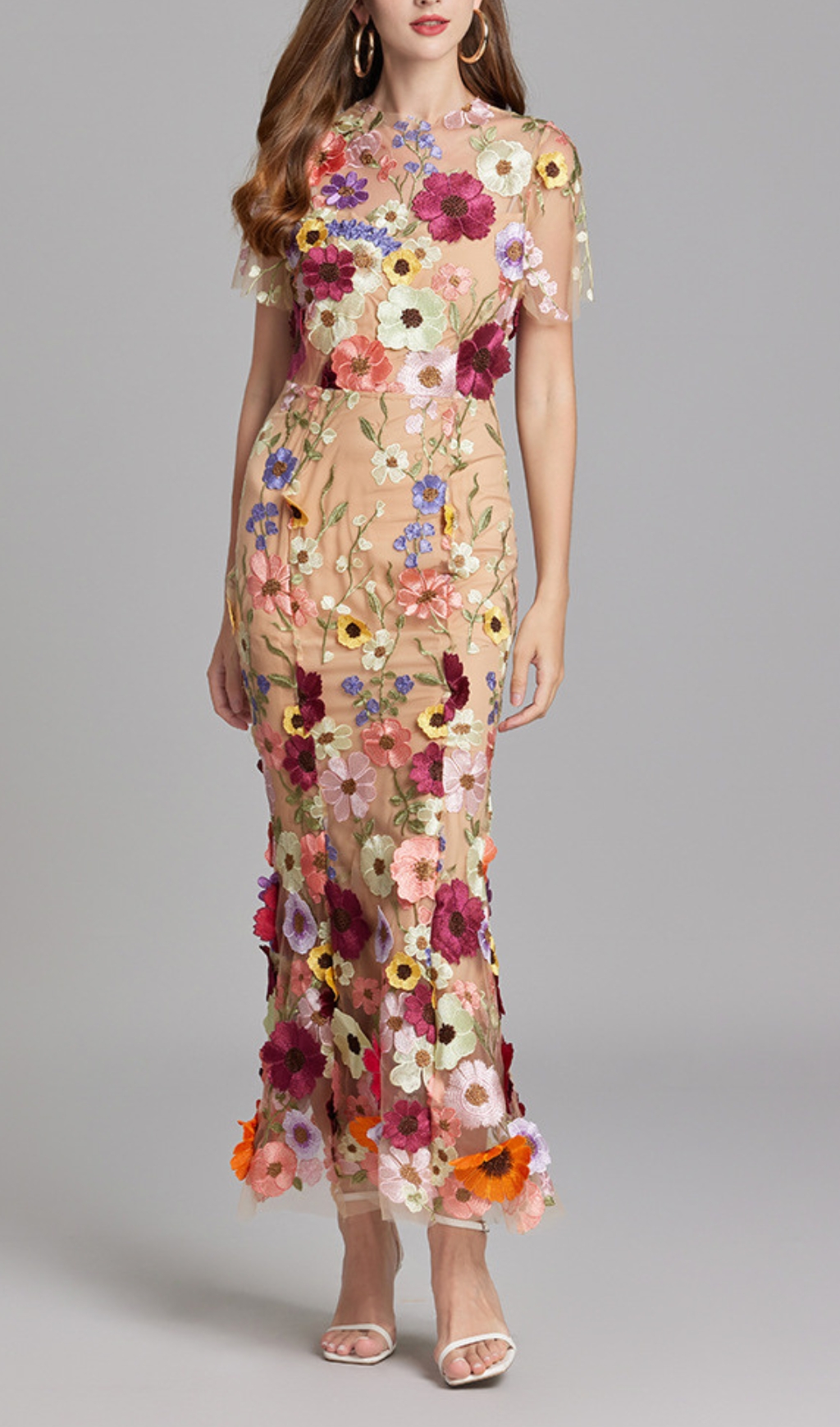 Fashionslee Women Carol Floral Embroidery Mesh Fishtail Midi Dress