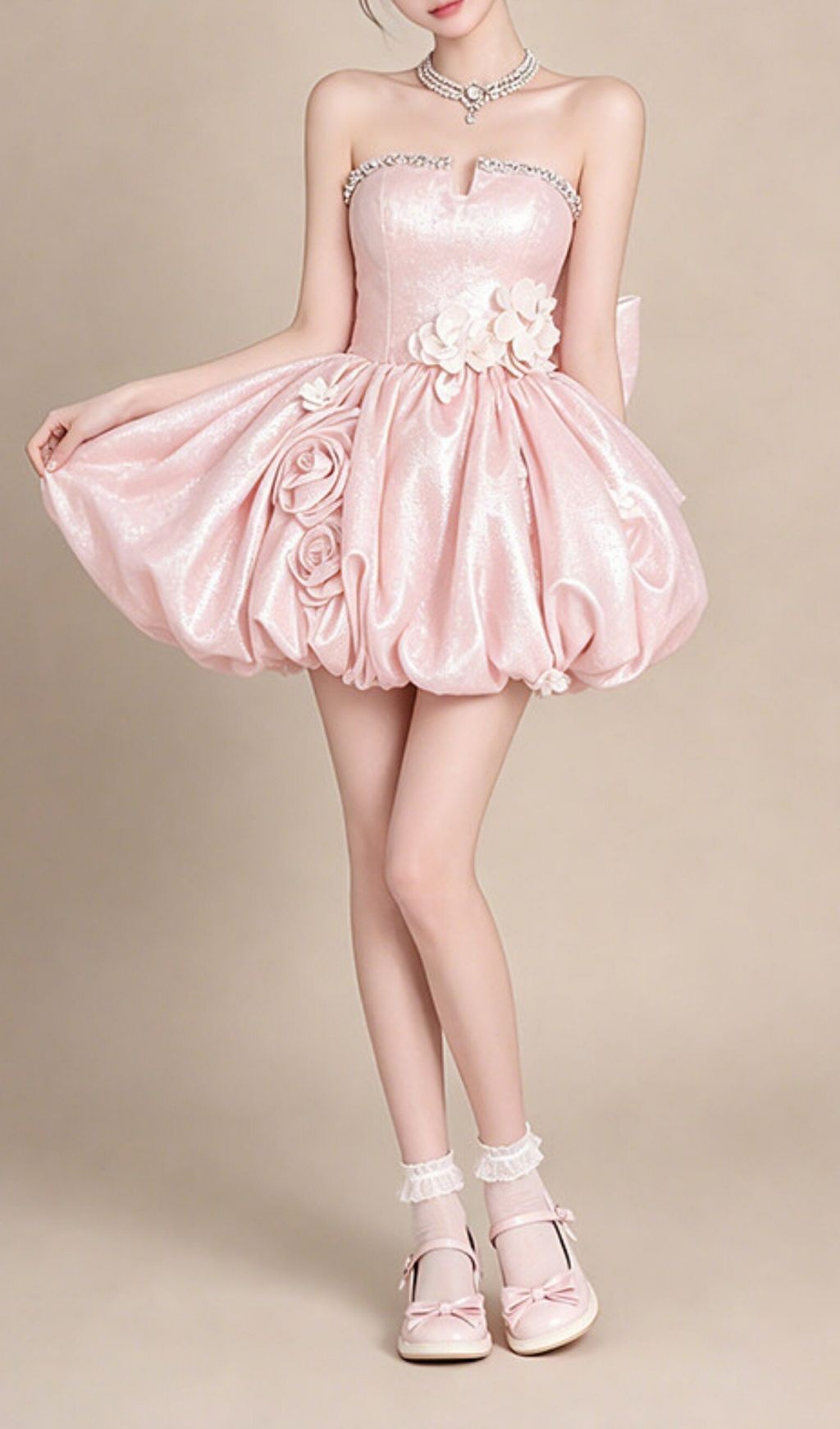 Fashionslee Women Krishika Pink Strapless Flower Bow Mini Dress