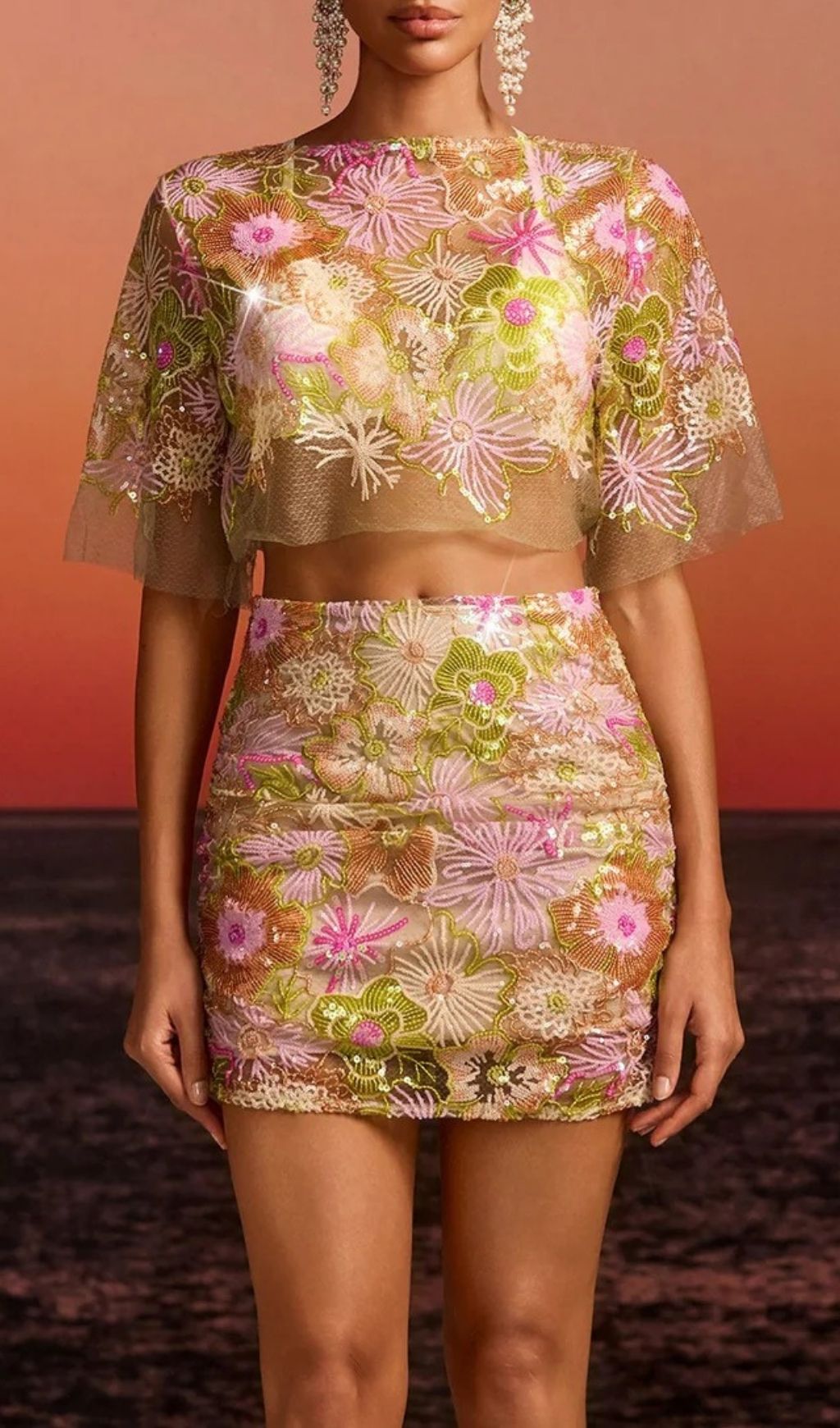 Fashionslee Women Fariba Shorts Sleeve Embroidered Skirt Set