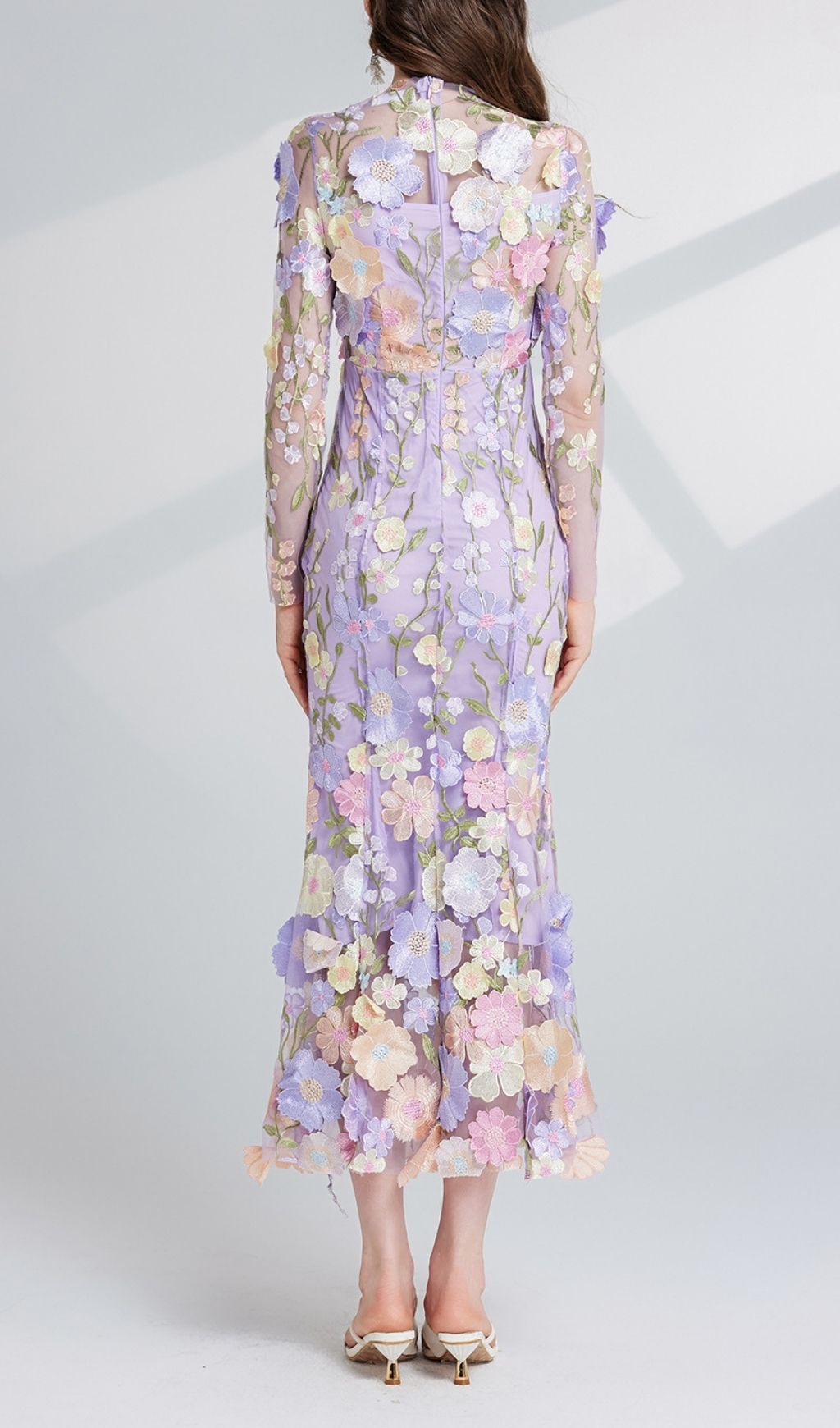 Fashionslee Women Carol Purple Floral Embroidery Mesh Fishtail Long Sleeve Midi Dress