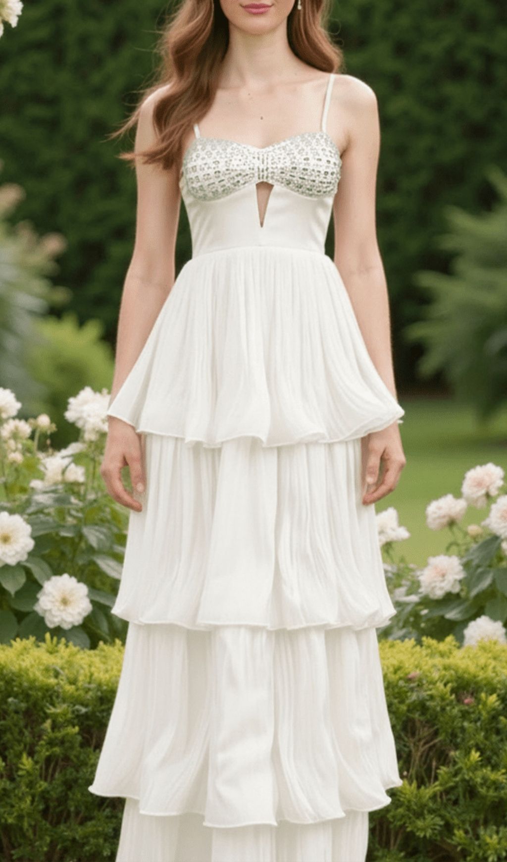 Fashionslee Women Katherina White Strappy Diamante Layered Maxi Dress