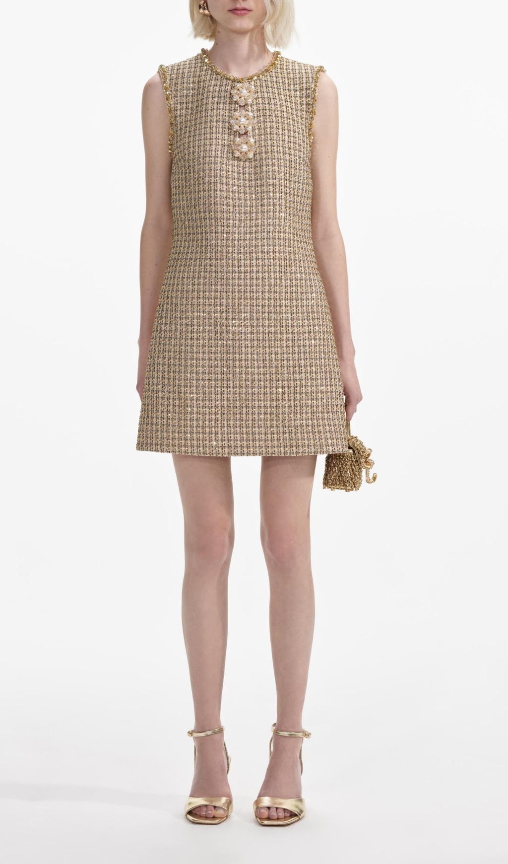 Fashionslee Women Brendy Gold Boucle Embellished Mini Dress