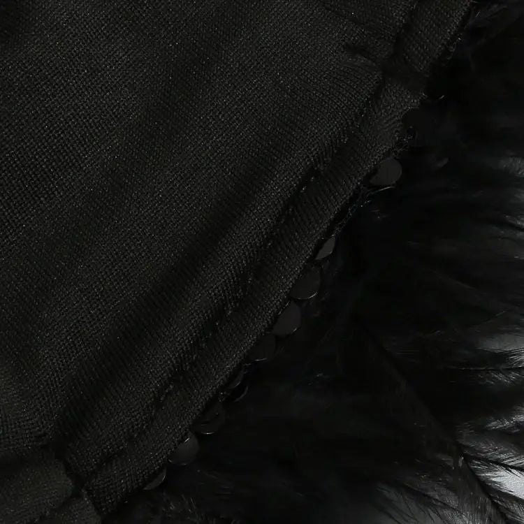 Fashionslee Women Black Sequin One Shoulder Feather Mini Dress