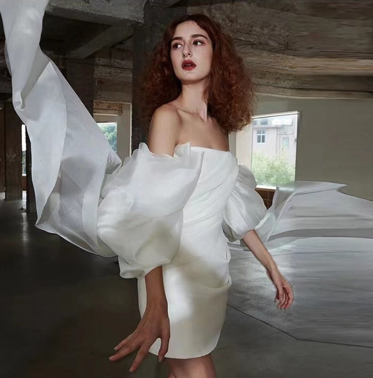 WHITE VIRAL PUFF SLEEVE STRAPLESS MINI DRESS - OWNCI