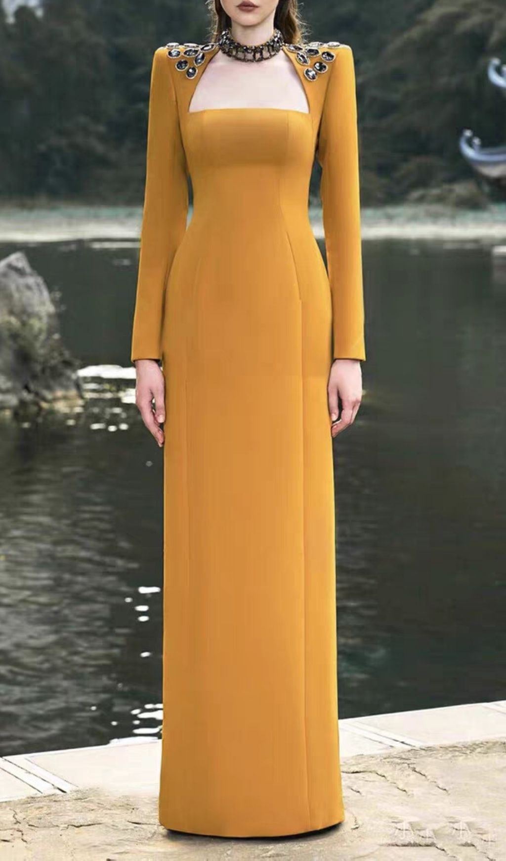 Fashionslee Women Kellyn Rhinestone Long Sleeve Maxi Dress