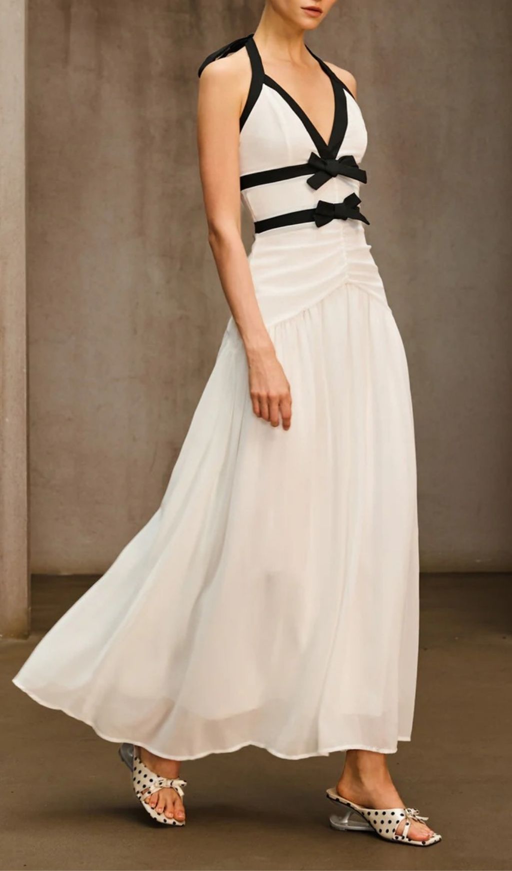 TRENDING V NECK RUCHED MAXI DRESS - OWNCI