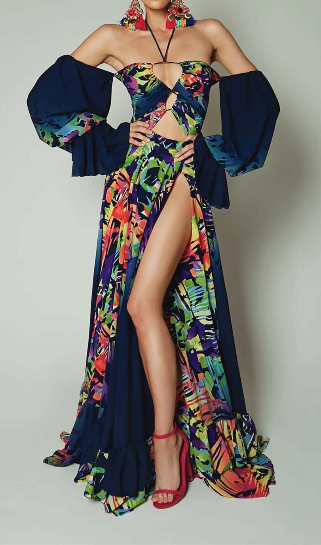 Fashionslee Women Off Shoulder Flowy Sleeves Maxi Dress In Multi-Color