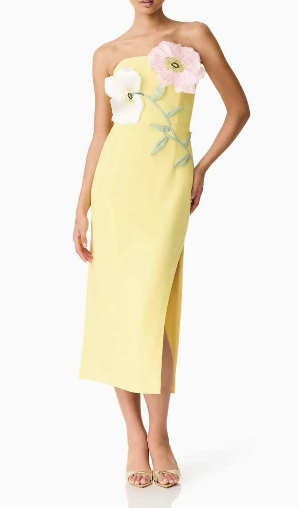 Fashionslee Women Kifle Yellow Strapless Embroidery Flower Midi Dress