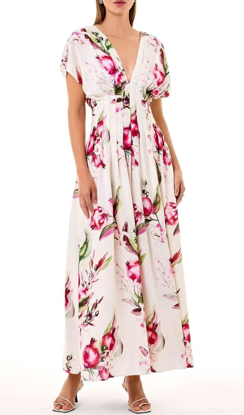 Fashionslee Women Sonya Pleated Floral Print Maxi Dress in White