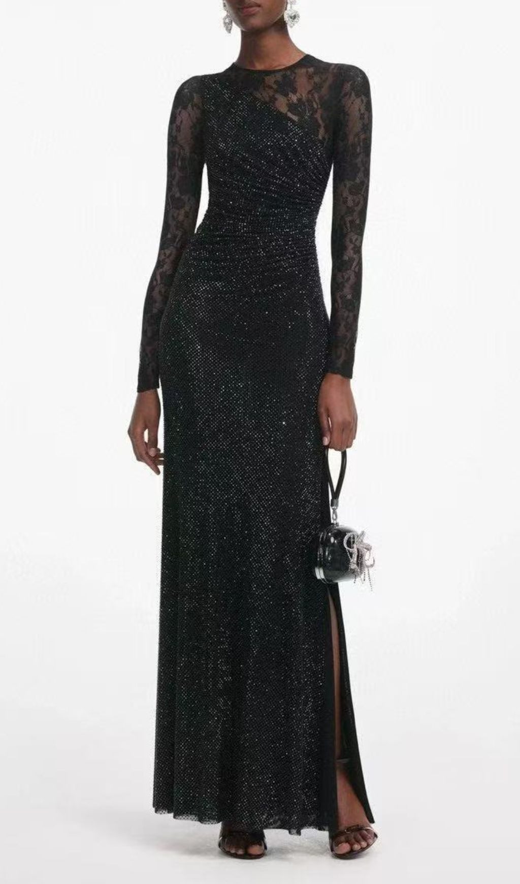 Fashionslee Women Raerion Rhinestone Lace Split Maxi Dress In Black