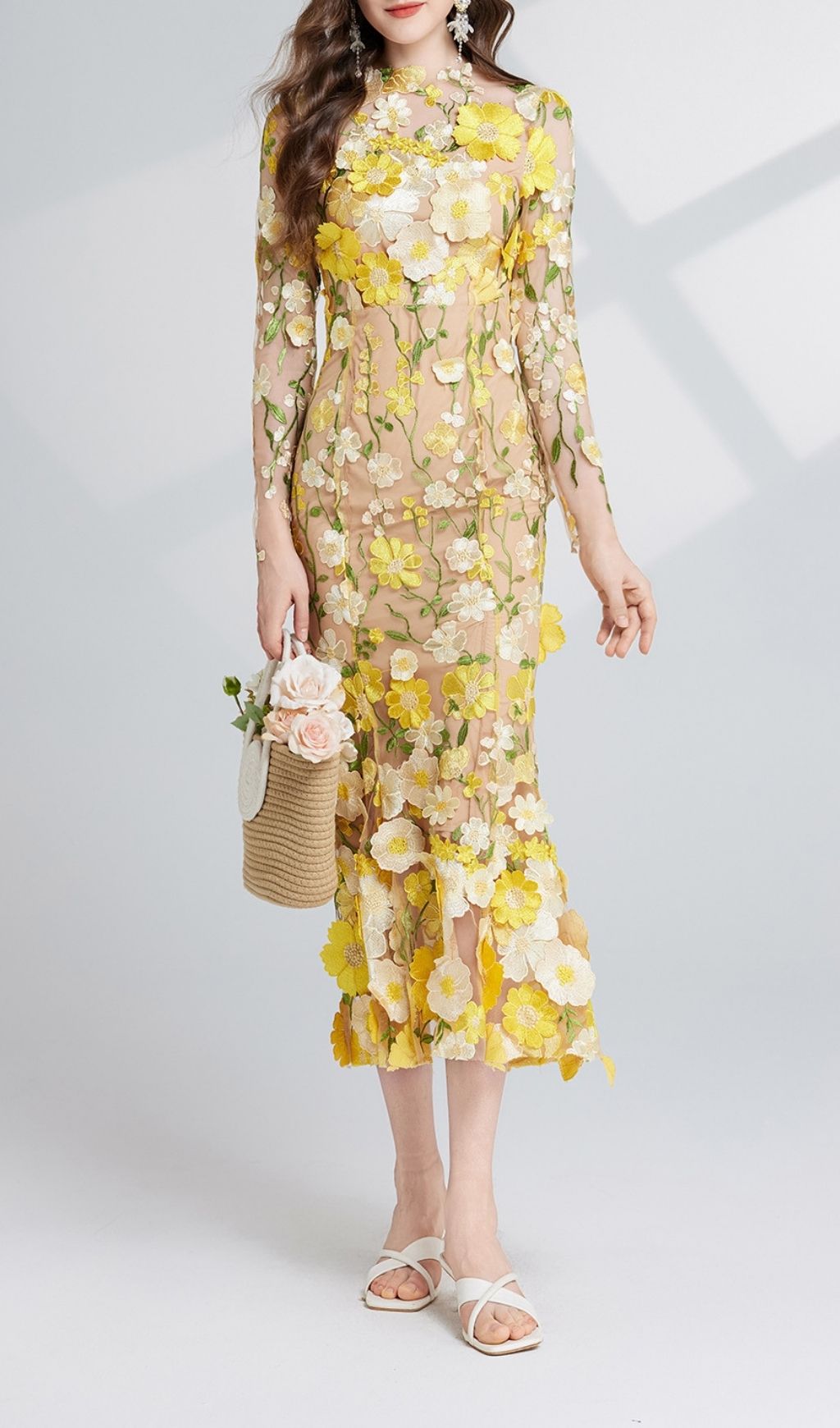 Fashionslee Women Carol Yellow Floral Embroidery Mesh Fishtail Long Sleeve Midi Dress