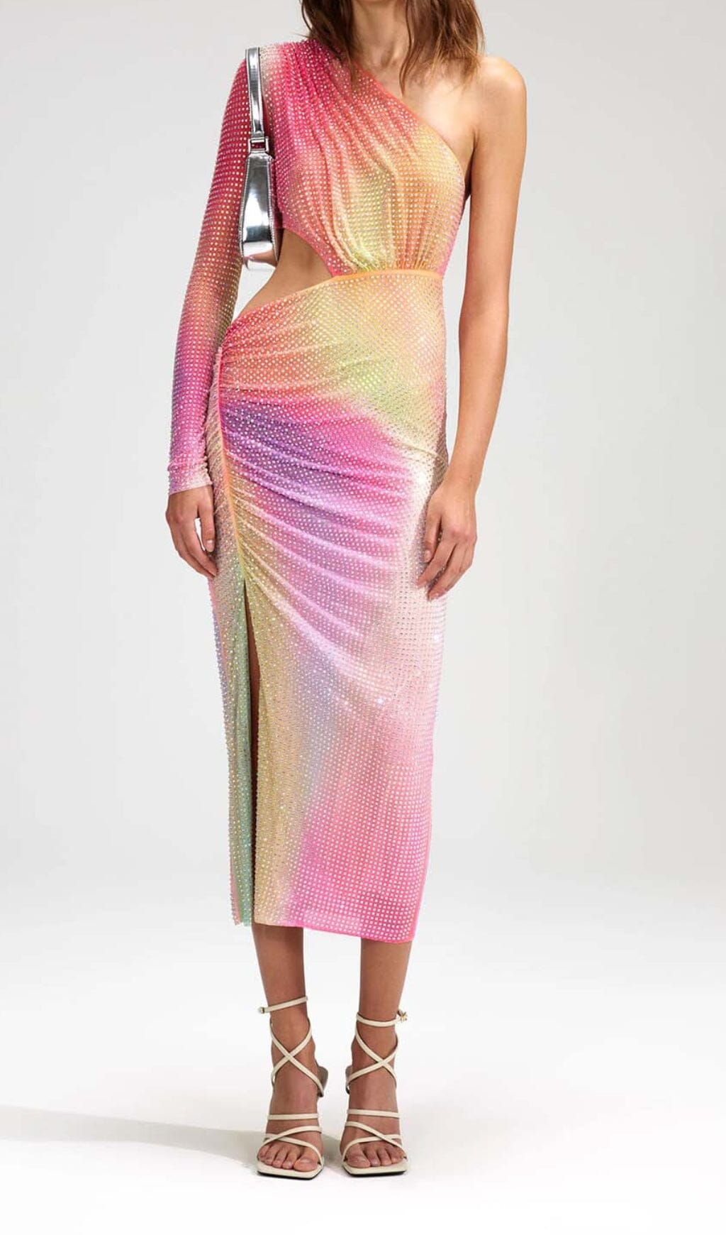 Fashionslee Women Mesh Rhinestone One Shoulder Midi Dress In Cotton Candy