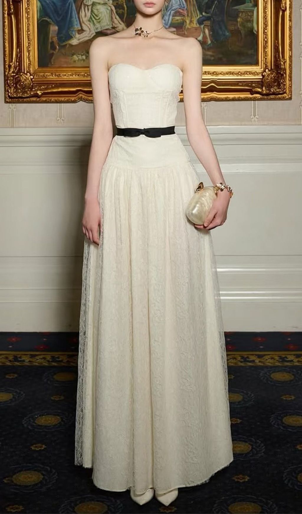 Fashionslee Women Kareena White Strapless Lace Maxi Dress