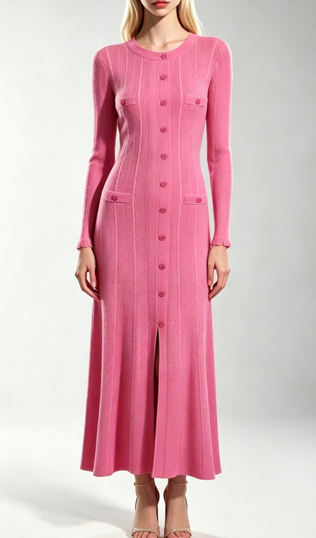 Fashionslee Women Kilenya Pink Knit Long Sleeve Midi Dress