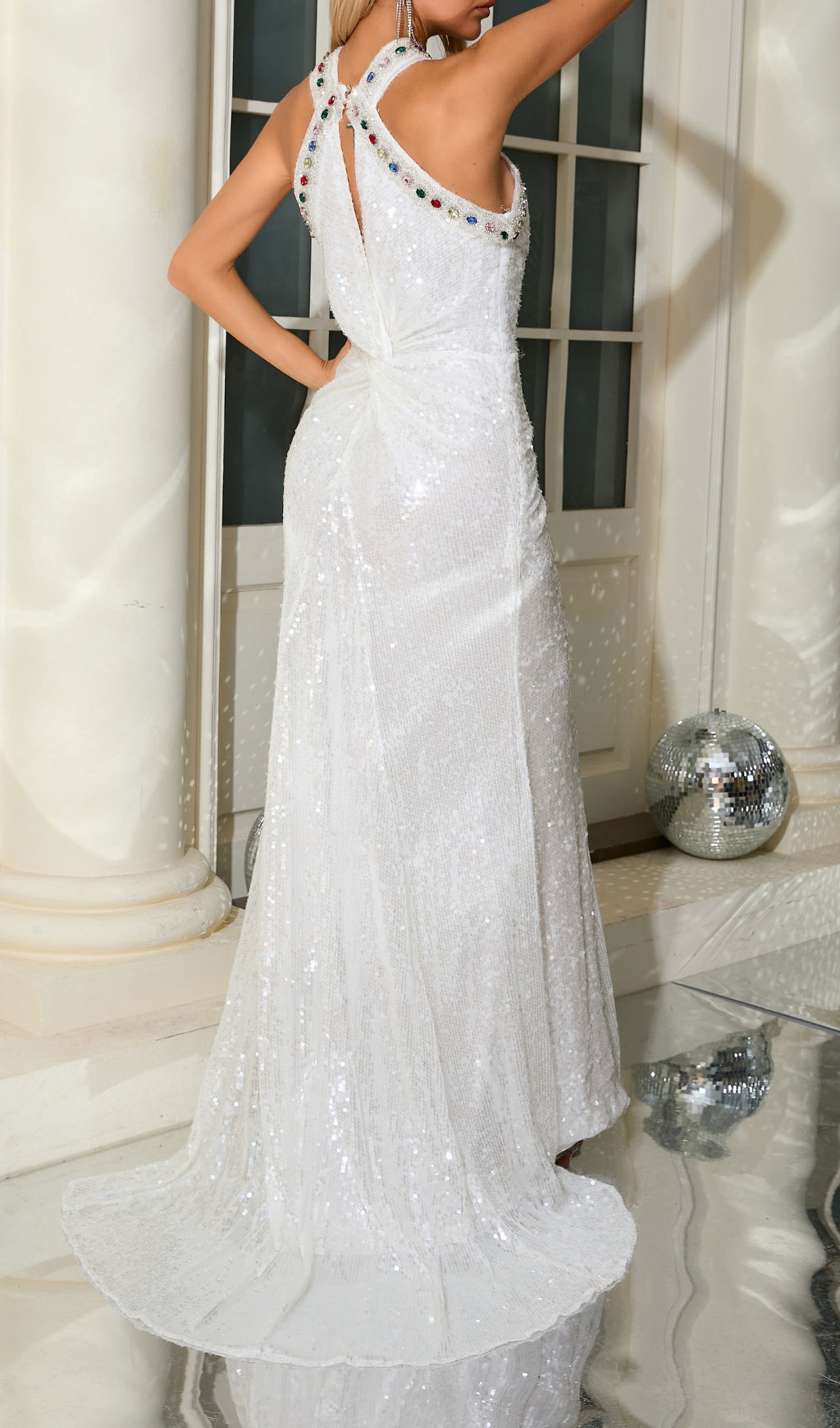 Fashionslee Women Bobbie White Halter Sequin Maxi Dress