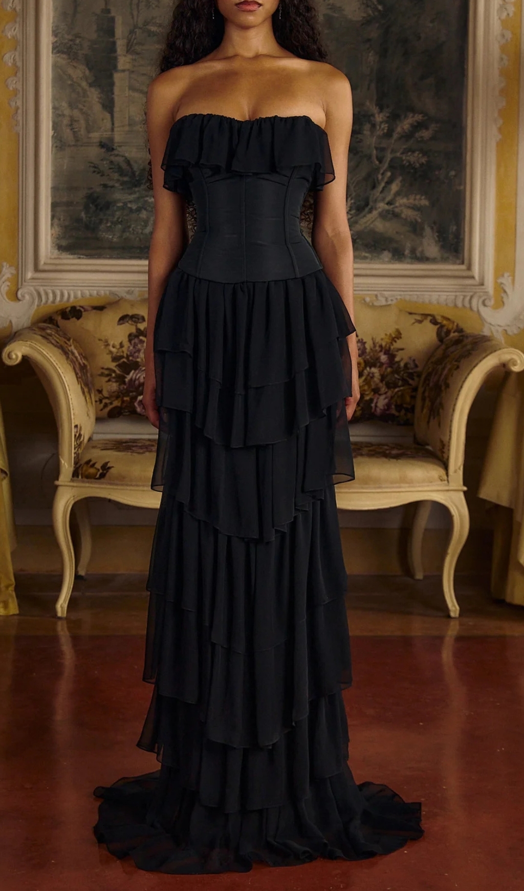 Fashionslee Women Angelie Black Ruffle Corset Maxi Dress