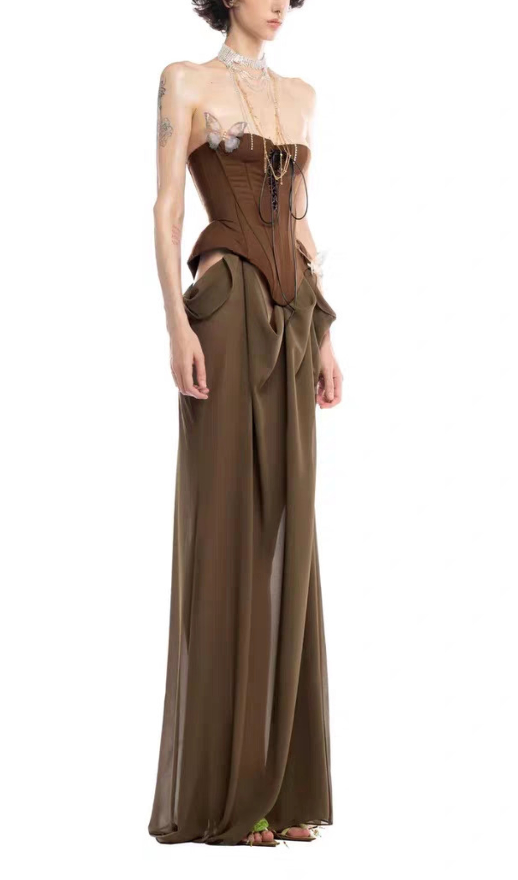 Fashionslee Women Edna Brown Strapless Corset Maxi Dress