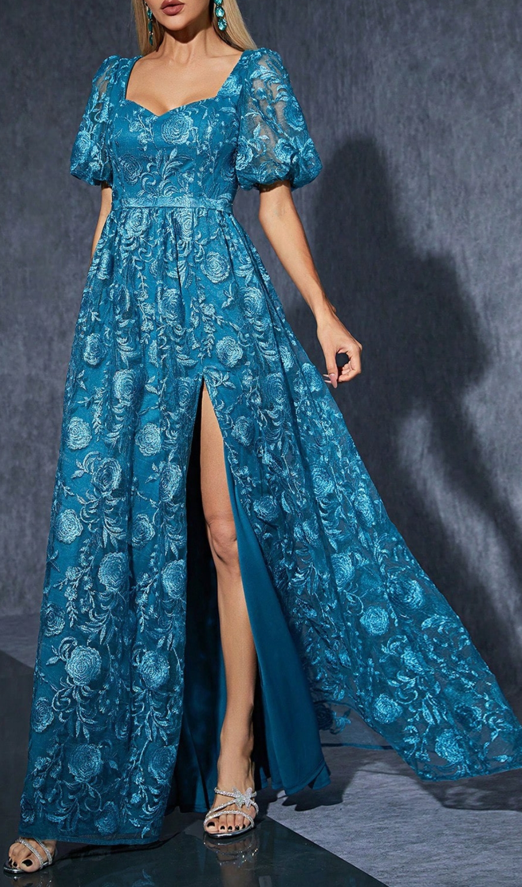 Fashionslee Women Dione Blue Puff Sleeve Flower Maxi Dress