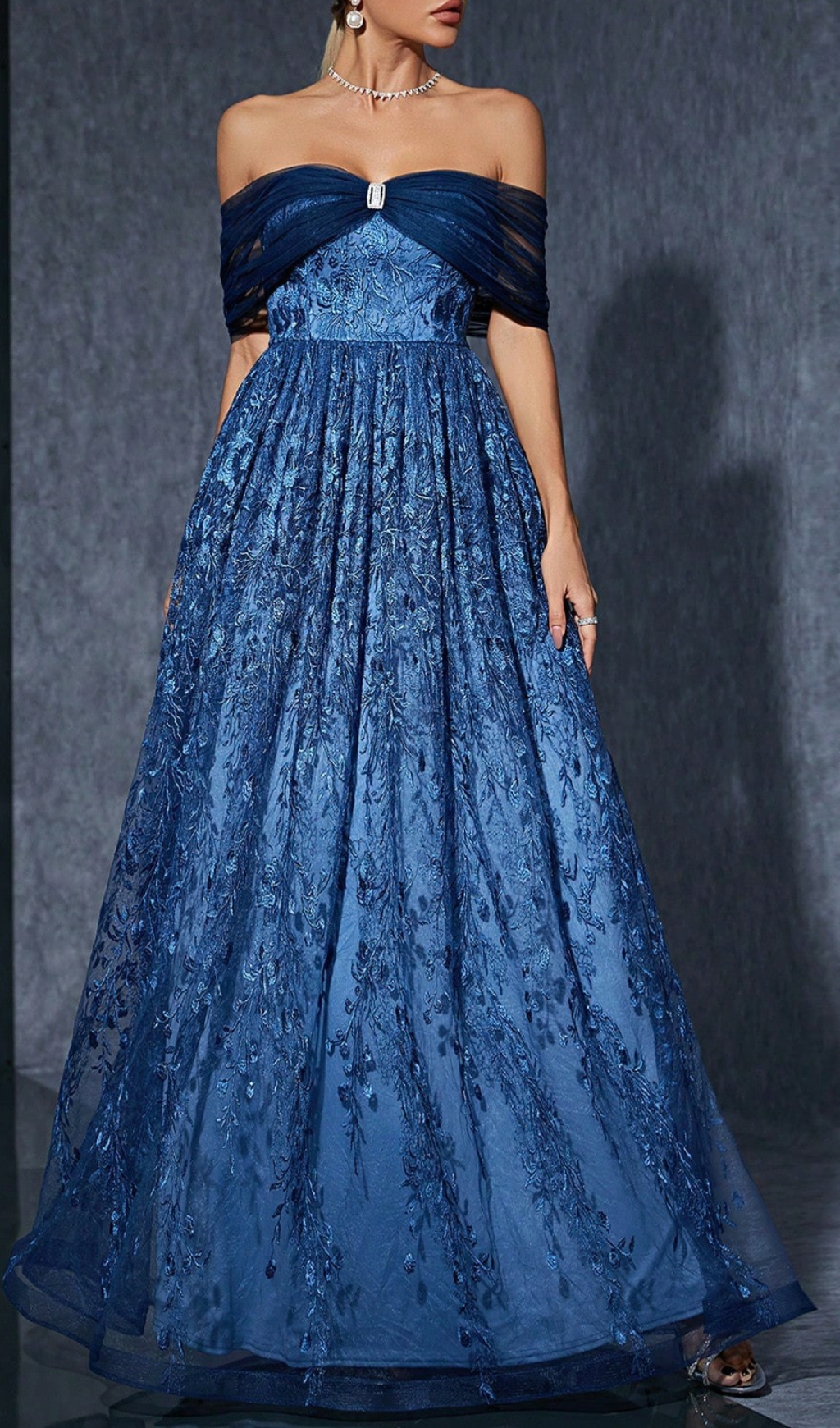 Fashionslee Women Dionne Navy Off-Shoulder Floral Embroidery Maxi Dress